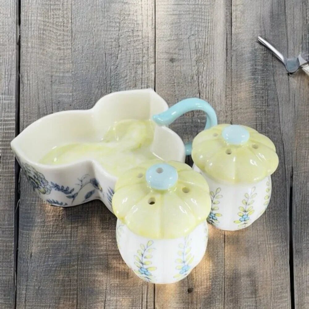 Anthropologie Ceramic Salt And‎ Pepper Covered Mustard Pot and Spoon on Tray VTG